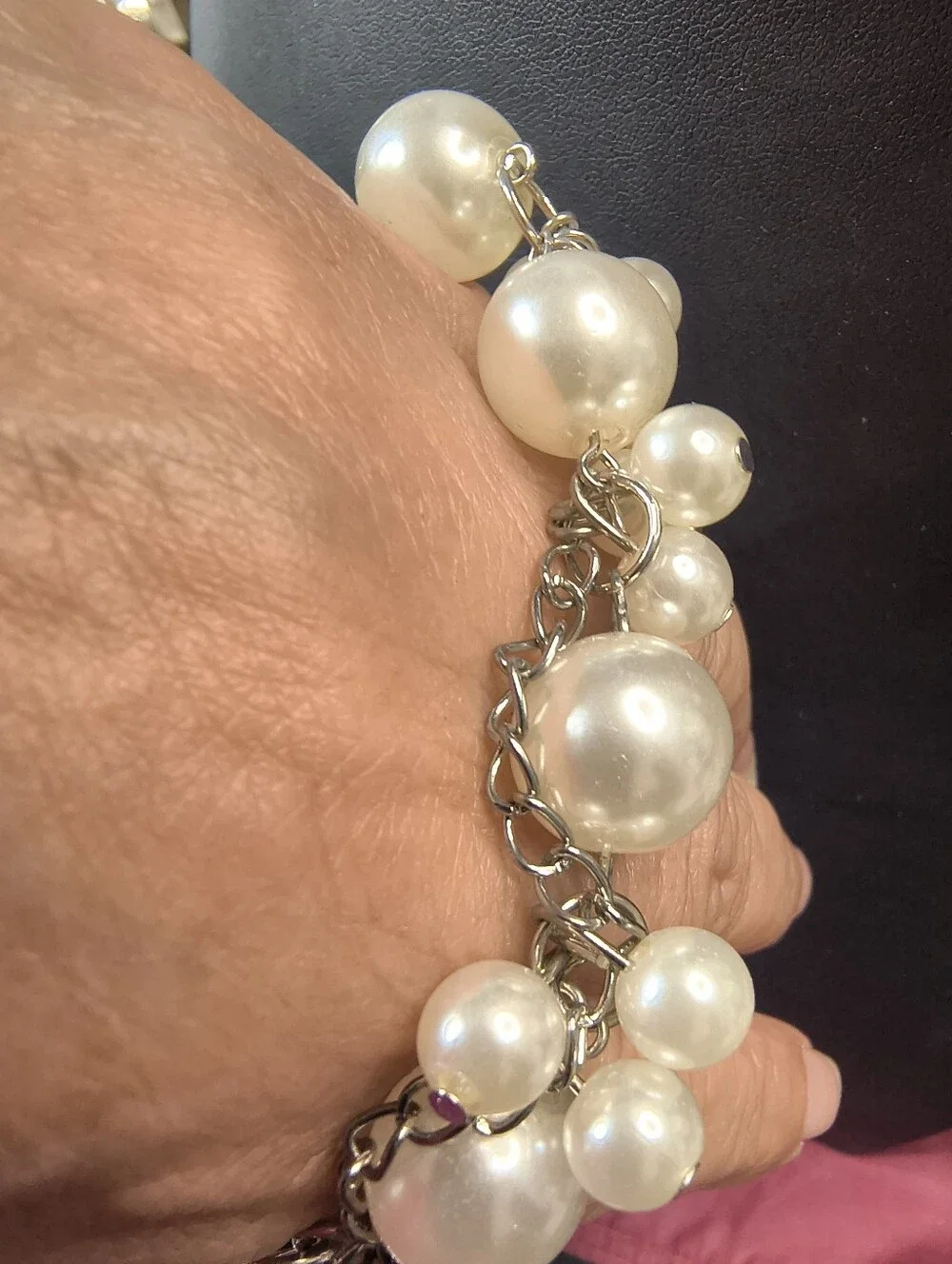 Faux Pearl Cluster Statement Bracelet Silver Tone Adjustable NOT